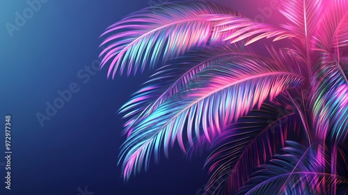 Tropical leaves with neon pink and blue lighting.