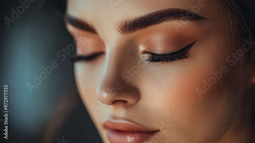 Close-up of a woman with perfectly blended makeup, highlighting her eyebrows, with a soft-focus background. 