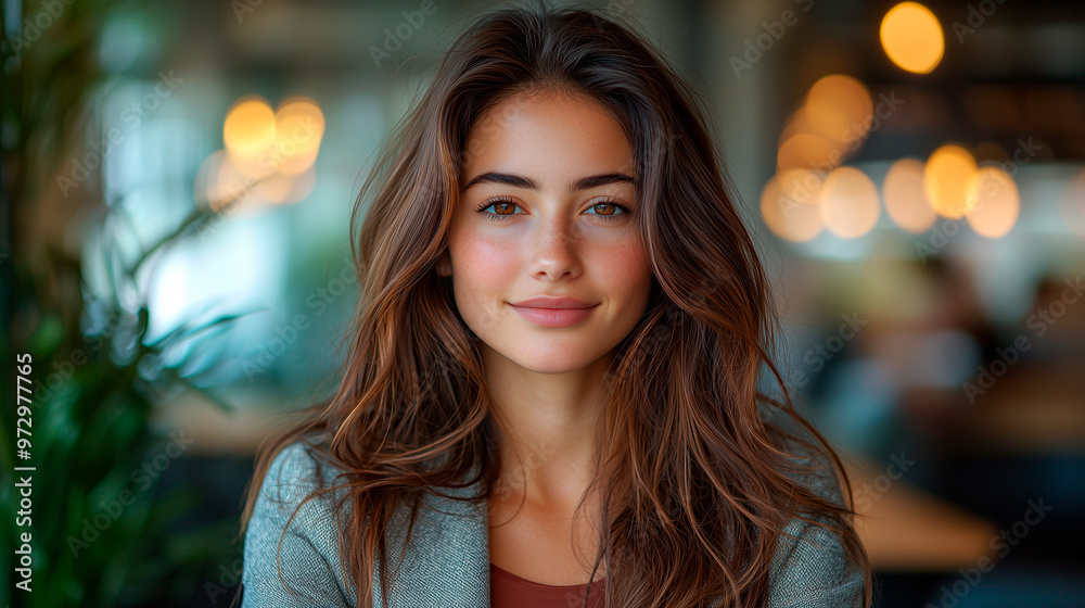 Portrait of a Young Woman with Long Brown Hair in a Professional Office Setting, Soft Lighting Portrait of a Young Woman with Long Brown Hair in a Professional Office Setting, Soft Lighting