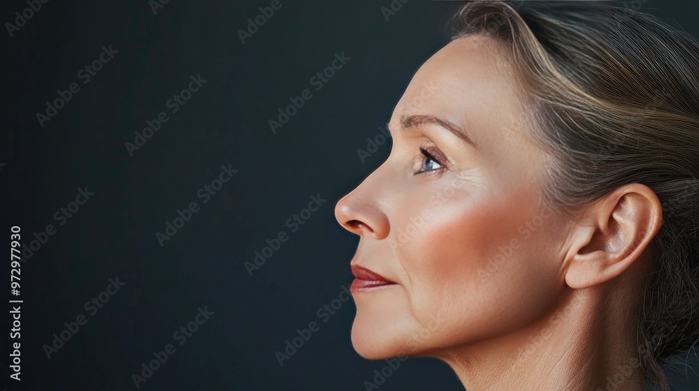 A side profile of a 50-year-old woman with a smooth and even complexion, showing subtle signs of aging and emphasizing her timeless beauty in a classic setting. A side profile of a 50-year-old woman with a smooth and even complexion, showing subtle signs of aging and emphasizing her timeless beauty in a classic setting.