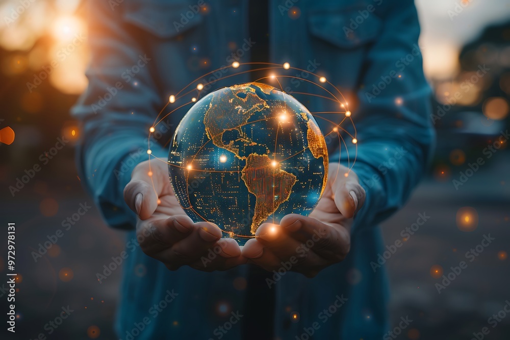 Fototapeta premium Businessman holding global connectivity icon, holographic earth with world map, glowing lights, international business, Businessman hold global business globe, 