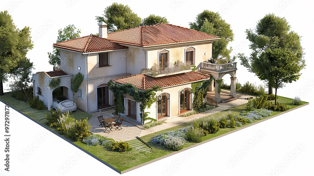 Fototapeta premium Peaceful residential estate illustration with a spacious yard, trees,