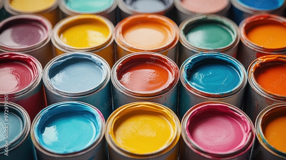 Top View of Colorful Acrylic Paint Cans and Colorful Liquid Paints, Ideal for Art Studio, Home Decoration, or Creative Projects, Featuring Bright Color Palette and Textured Background
Top View of Colorful Acrylic Paint Cans and Colorful Liquid Paints, Ideal for Art Studio, Home Decoration, or Creative Projects, Featuring Bright Color Palette and Textured Background