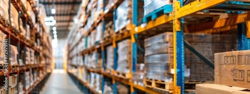 Warehouse aisles filled with stocked pallets in bright lighting