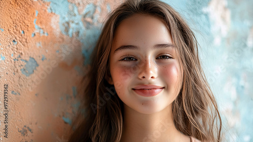 Close-up of a teenage girl with a fresh, dewy complexion, smiling confidently while showcasing a subtle lip gloss. 