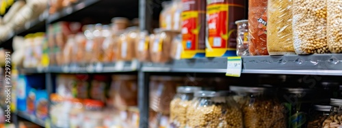 Packed food items on a grocery store shelf photo