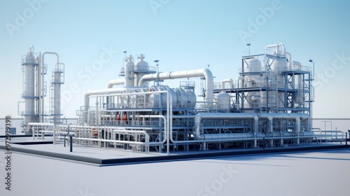 A liquefaction plant transforming natural gas into LNG, with pipelines, machinery, and cryogenic tanks. photo