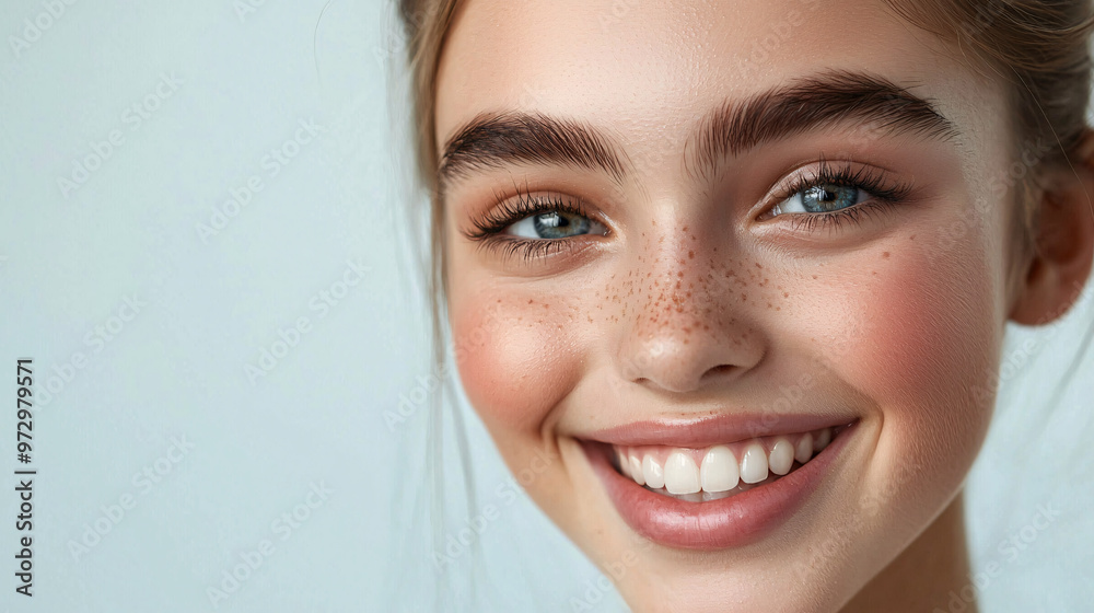 Close-up of a teenage girl with a happy smile, showcasing well-maintained eyebrows and a fresh makeup style, with a softly colored background. Close-up of a teenage girl with a happy smile, showcasing well-maintained eyebrows and a fresh makeup style, with a softly colored background.