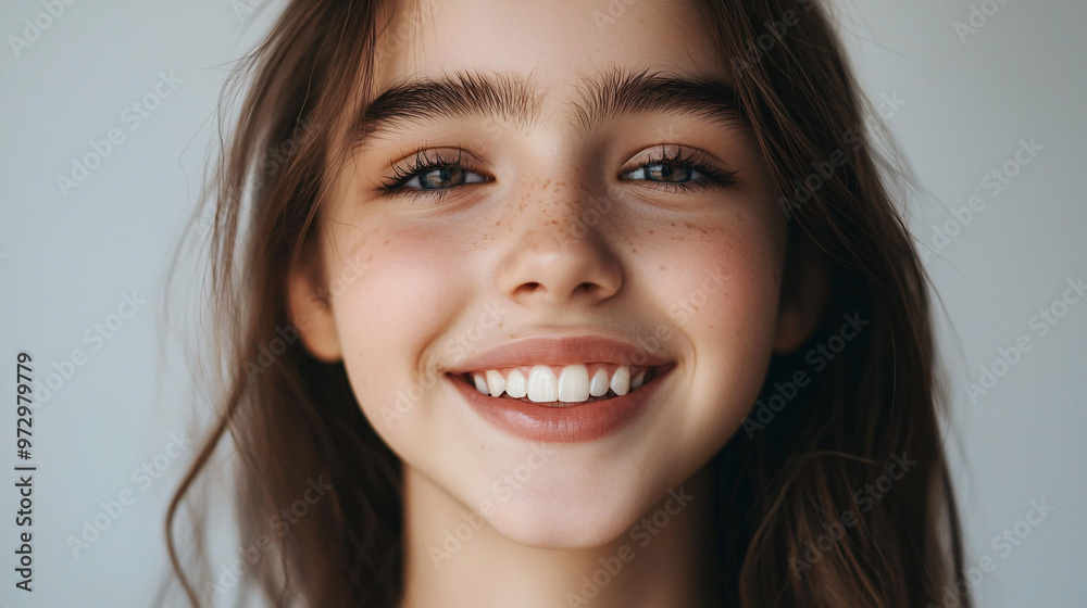 Fototapeta premium Close-up of a teenage girl with a radiant smile and fresh makeup, with a soft, airy background emphasizing natural beauty. 
