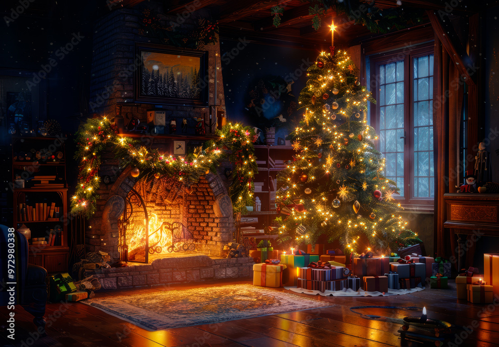 A cozy room with a roaring fireplace, a Christmas tree decorated with twinkling lights, presents piled around it, and a family gathered to celebrate Christmas Eve. A cozy room with a roaring fireplace, a Christmas tree decorated with twinkling lights, presents piled around it, and a family gathered to celebrate Christmas Eve.