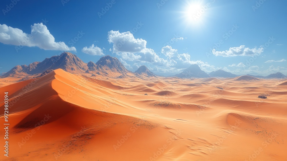Naklejka premium Vast desert landscape with dunes and mountains under a bright sky.
