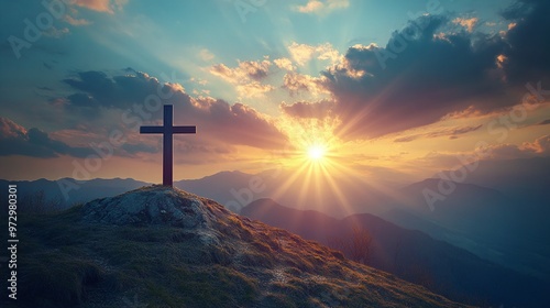 silhouette of cross on a mountain with bright sunbeam, sky background symbolizing spirituality, faith, and divine inspiration