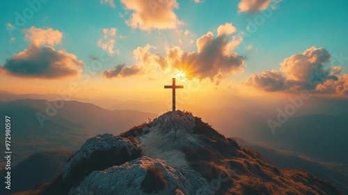 spiritual cross silhouette on a mountain peak, bright sunbeam in the sky representing faith, hope, and religious inspiration