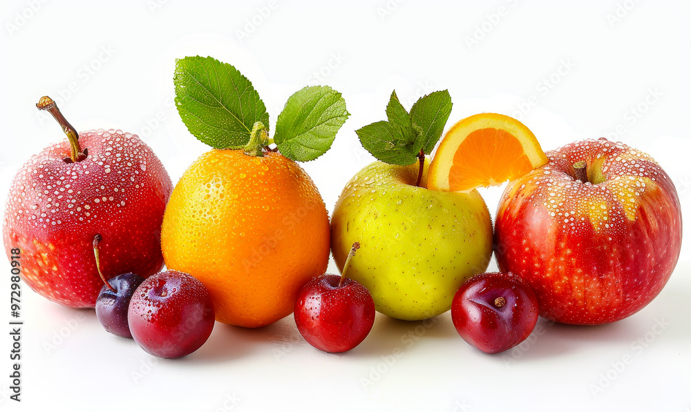 Fresh Assorted Fruits with Dew Drops on White Background, Including Apples, Oranges, Plums, Healthy Diet Concept, Vibrant and Colorful Summer Fruits for Nutrition and Wellness Photoshoots Fresh Assorted Fruits with Dew Drops on White Background, Including Apples, Oranges, Plums, Healthy Diet Concept, Vibrant and Colorful Summer Fruits for Nutrition and Wellness Photoshoots