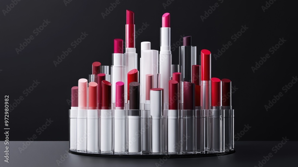A stylish arrangement of different lipstick tubes and their colors, displayed with the caps off, to highlight the variety and appeal of the shades. A stylish arrangement of different lipstick tubes and their colors, displayed with the caps off, to highlight the variety and appeal of the shades.