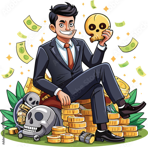 cartoon illustration of a man with a treasure chest