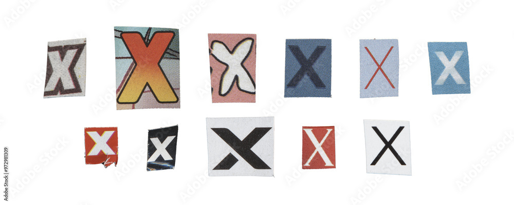 Set of isolated cut-out letter “X” from magazines on a transparent background, retro y2k style Set of isolated cut-out letter “X” from magazines on a transparent background, retro y2k style