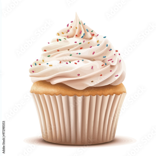 Cupcake with cream and colored sprinkles isolated on white background