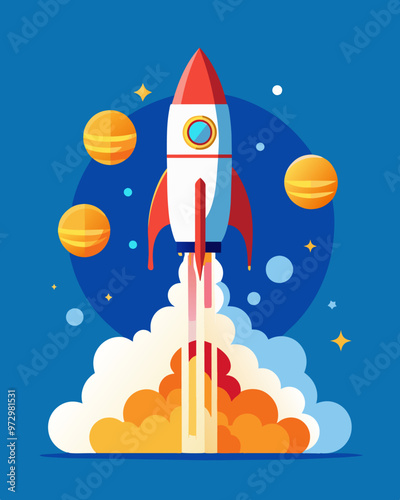A rocket taking off representing the relief and sense of progress that comes with paying off debt.. Vector illustration