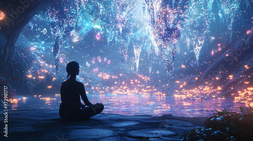 Fototapeta Naklejka Na Ścianę i Meble -  Creative depiction of a person doing deep breathing exercises in a fantastical, serene space with floating, calming visuals and lights. 