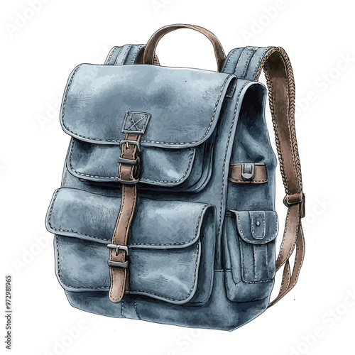 Blue leather backpack isolated on white background. Clipping path included.