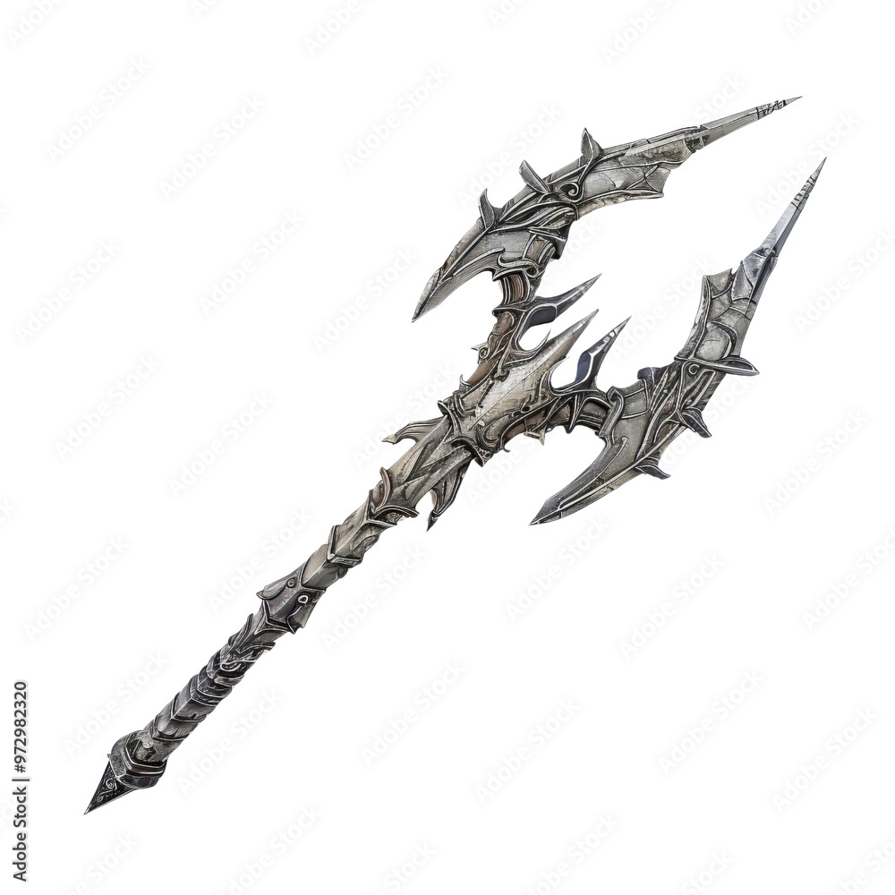 Intricate Metallic Spear with Multiple Sharp Points and Design. Intricate Metallic Spear with Multiple Sharp Points and Design.