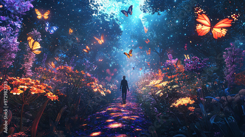 Foto Illusionary scene of a person enjoying a peaceful walk in a dreamlike garden with glowing plants and floating butterflies