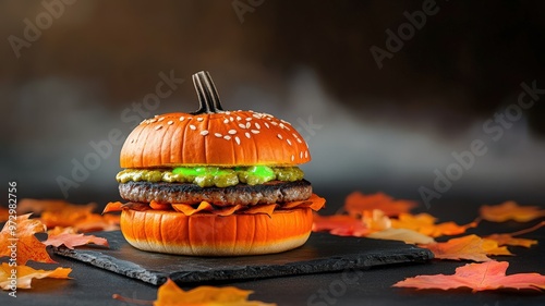 Unique pumpkin-themed burger surrounded by autumn leaves, perfect for seasonal food photography and festive culinary projects. photo