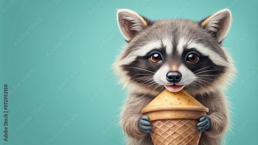 Obraz premium Adorable raccoon ice cream design for summer fun, cute, sweet, playful, whimsical, summer, kids, dessert, treat, animal