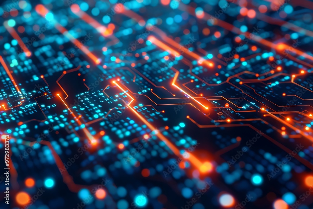 A close-up of an abstract digital circuit board with glowing connections, showcasing advanced technology, data flow, and electronic components. A computer chip with orange and blue lights ,
A close-up of an abstract digital circuit board with glowing connections, showcasing advanced technology, data flow, and electronic components. A computer chip with orange and blue lights ,
