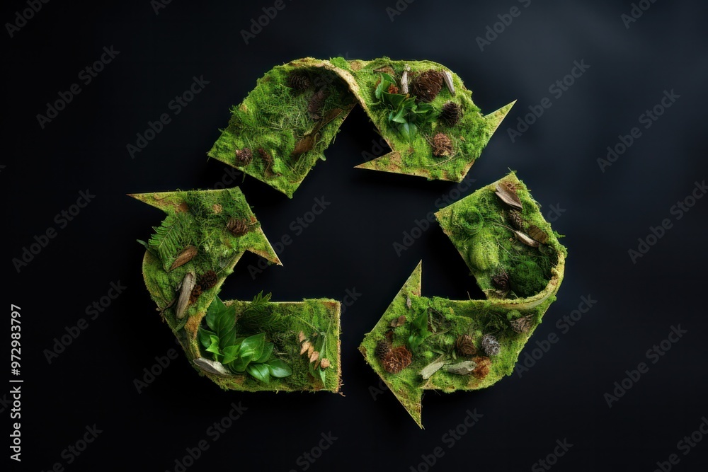 A photorealistic image of the recycling symbol made entirely of recycled materials A photorealistic image of the recycling symbol made entirely of recycled materials