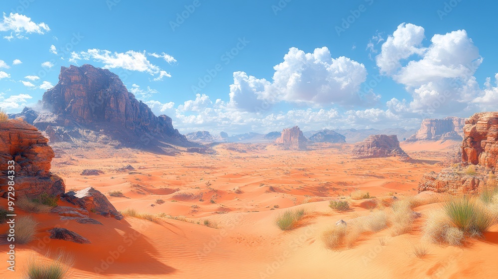 Naklejka premium Expansive desert landscape with mountains and blue sky.