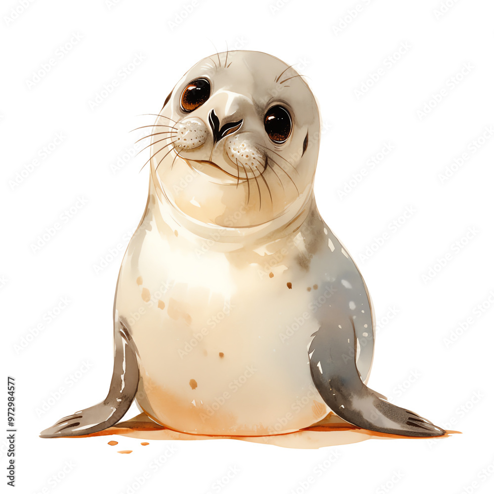 Cute seal pup illustration with big eyes and a round body, sitting on a white background, perfect for children's books or aquatic themes. Cute seal pup illustration with big eyes and a round body, sitting on a white background, perfect for children's books or aquatic themes.