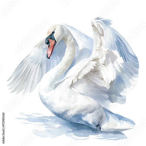 Elegant watercolor painting of a white swan with open wings on a light background. Ideal for nature and wildlife themes. photo