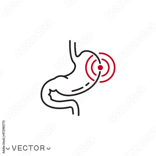 stomach disease icon, gastrology or indigestion, pain stomach, thin line symbol isolated on white background, editable stroke eps 10 vector illustration