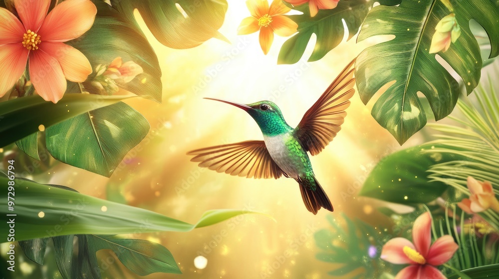 Beautiful vector illustration of a hummingbird in flight, surrounded by lush greenery and colorful flowers, with a bright golden background Beautiful vector illustration of a hummingbird in flight, surrounded by lush greenery and colorful flowers, with a bright golden background