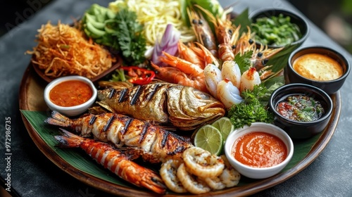 A vibrant Thai seafood platter featuring grilled fish, prawns, and calamari with a variety of dipping sauces, arranged artistically on a large serving dish.