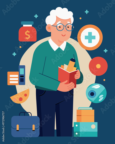A retiree maintains their emergency fund even though they are no longer working recognizing the importance of being prepared for unexpected expenses in their golden years.. Vector illustration