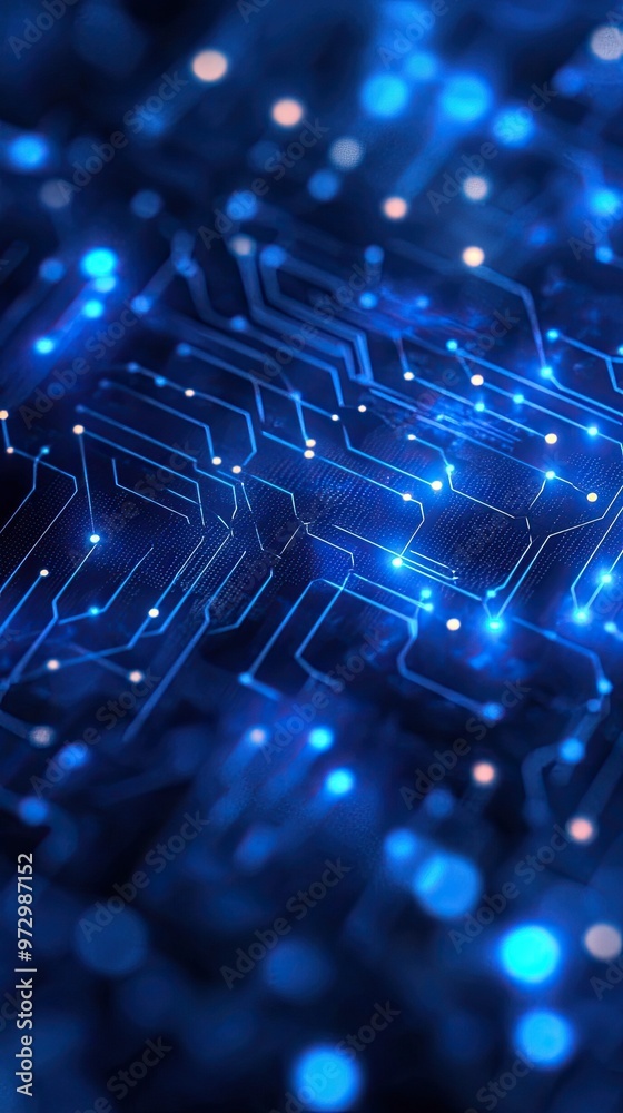 Obraz premium Abstract digital background with glowing blue circuit patterns and luminous nodes, representing technology and innovation.
