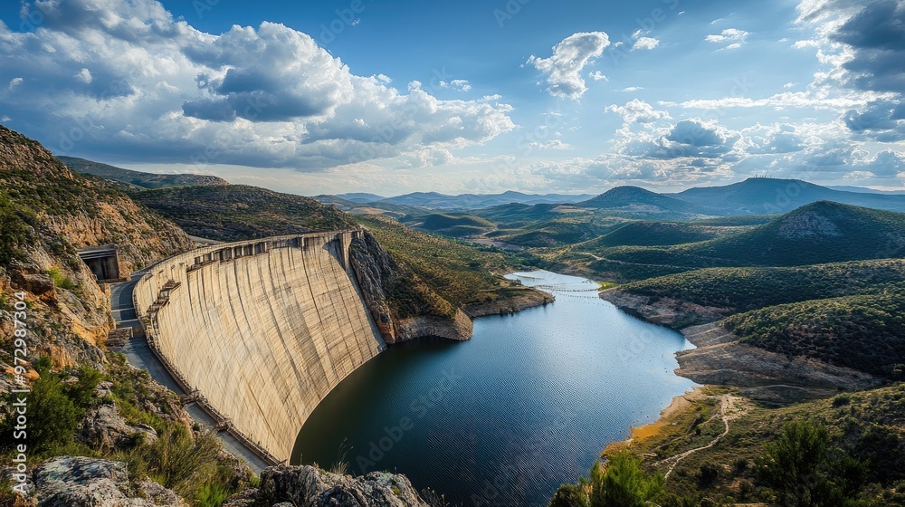 A view from the top of a dam looking down into the reservoir below, with the surrounding landscape and the dam structure providing a dramatic perspective. A view from the top of a dam looking down into the reservoir below, with the surrounding landscape and the dam structure providing a dramatic perspective.