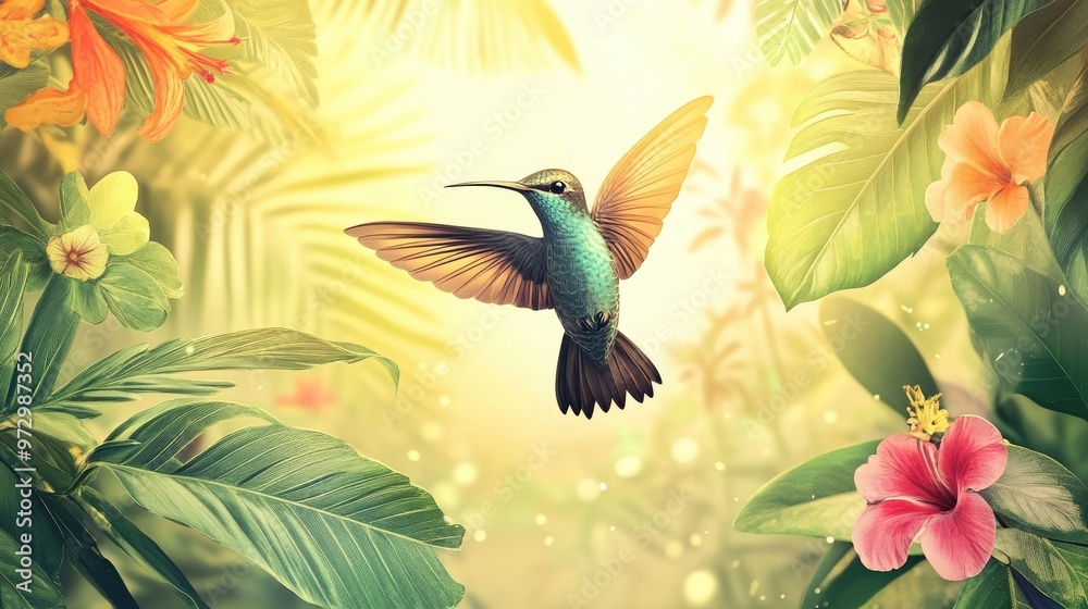 Beautiful vector illustration of a hummingbird in flight, surrounded by lush greenery and colorful flowers, with a bright golden background Beautiful vector illustration of a hummingbird in flight, surrounded by lush greenery and colorful flowers, with a bright golden background