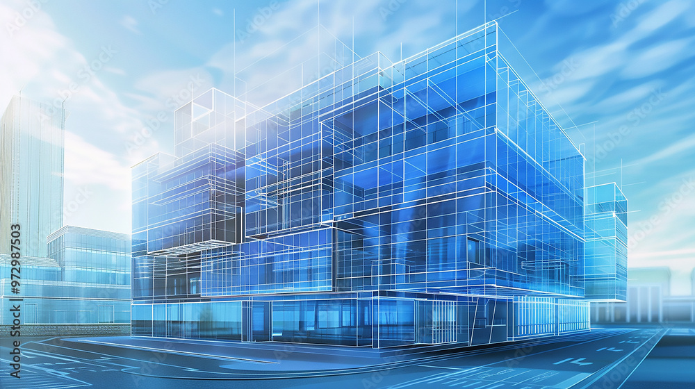 Fototapeta premium Modern office building glass blue toned image.