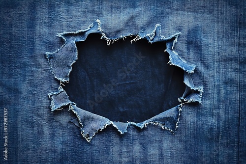 Distressed blue denim and fabric materials with prominent frayed holes, showcasing rugged textures and the worn aesthetic of torn and aged fabric surfaces.