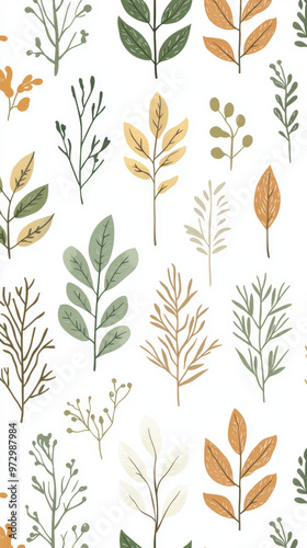 A beautiful Scandinavian inspired woodland pattern featuring various leaves and branches in earthy tones. This design evokes sense of nature and tranquility, perfect for home decor