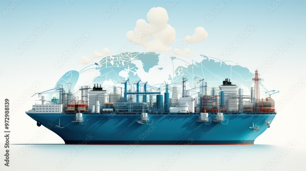Obraz premium A symbolic illustration of the global LNG trade, with LNG tankers connecting different countries and continents.