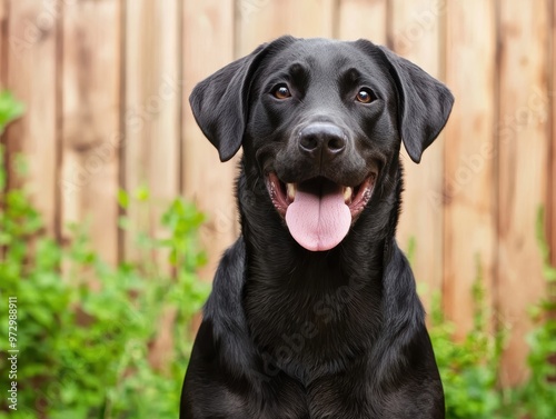 A black dog is sitting in front of a wooden fence