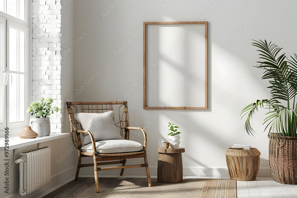 Stylish home studio interior with eating and relaxing space. Mockup frame. Generative Ai. Stylish home studio interior with eating and relaxing space. Mockup frame. Generative Ai.