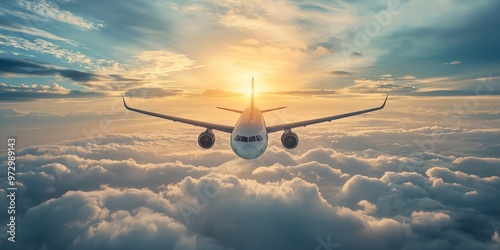 Airplane soaring above fluffy clouds during a golden sunset, capturing the beauty of travel and aviation. photo