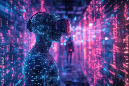 VR headset user navigating through digital corridors.