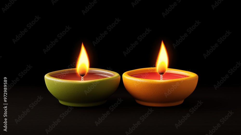 Two lit candles in bowls on a dark background Two lit candles in bowls on a dark background